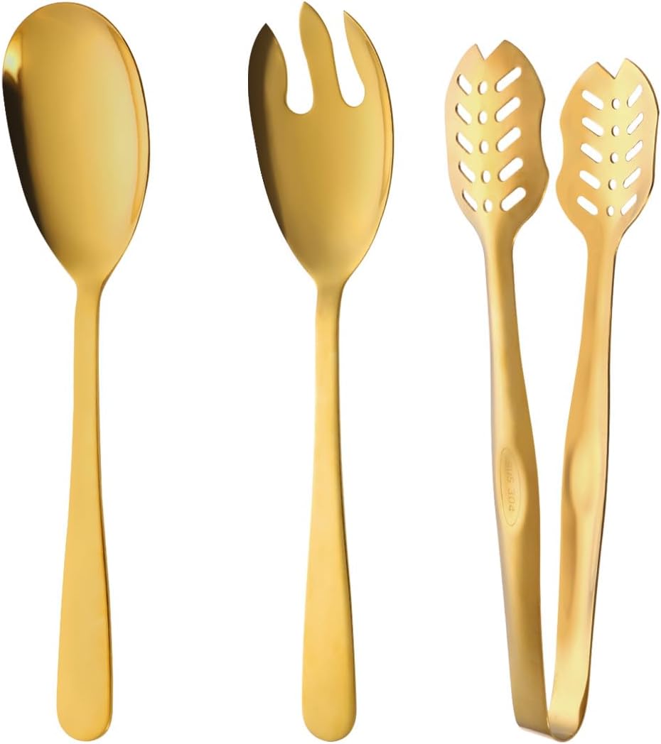 Salad Spoon and Fork Stainless Steel Tong Serving Set, Heavy Duty Smooth Finish Metal Serving Utensils Large Salad Servers for Home Kitchen Party Buffet Supply (Gold) Salad Spoon and Fork Stainless Steel Tong Serving Set, Heavy Duty Smooth Finish Metal Serving Utensils Large Salad Servers for Home Kitchen Party Buffet Supply (Gold)