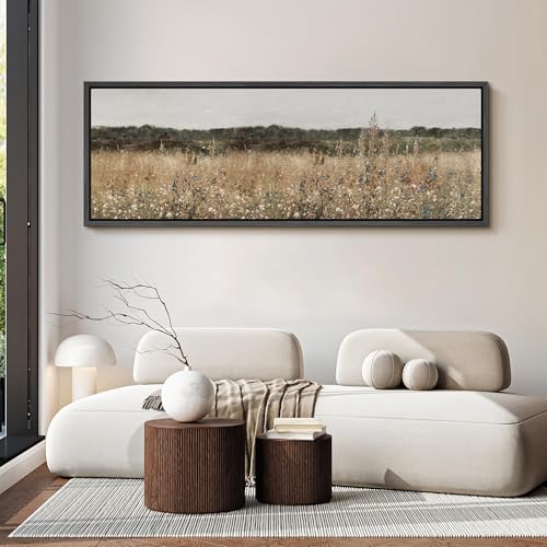 Image of MUDECOR Large Framed Canvas Print Wall Art Golden Meadow Neutral Wildflower Field Antique Ready to Hang Painting for Living Room Bedroom Multi-Sizes - 60 inchx20 inch
