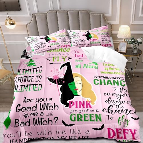 OLEBETY 3 Pieces Wicked Witch Green and Pink Comforter Set Queen Size Magic Bedding Set Magical Quilt Halloween Witch Hat Witchy Bedroom Decor Wicked Witchy Gifts for Women Girls 2 Pillowcases