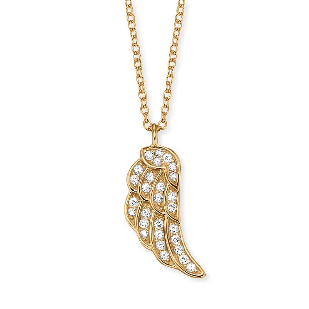 Engelsrufer Wing Necklace with Pendant for Women Gold Plated 925 Sterling Silver White Zirconia Length 40 cm (15.75") + 4 cm (0.16")