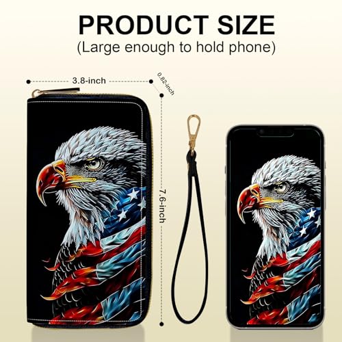 Women's Card Holder Wristlet Wallet, Convenient Travel Long Wallet with Strap and Pink Compact Mirror, Fashion and Sturdy Wristlet Long Purse for Women, American Flag Eagle3