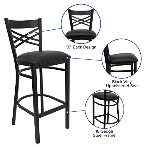 Butaco de bar metálico con respaldo en X, asiento de vinilo negro y estructura de metal negro miniatura 4