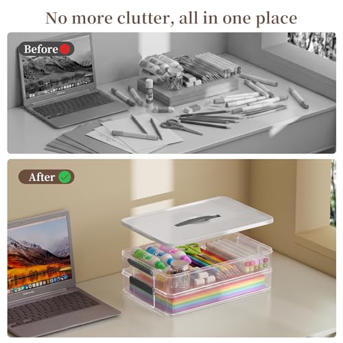 Veystor 2-Tier Plastic Storage Containers with Lid & Handle, Clear Stack & Carry Project Case with Latches, 5.5Qt Portable File Box Storage Bins for A4 Paper, Document, Scrapbook, Craft Art Supplies - Image 6