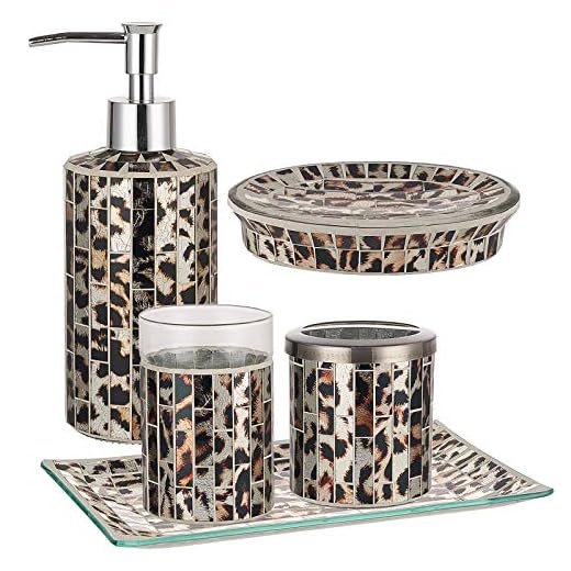 KMWARES Decorative Mosaic Glass Bathroom Accessories Set 5PCs - Includes Hande Soap Dispenser & Tumbler & Soap Holder Tray & Toothbrush Holder & Vanity Tray - Leopard Pattern