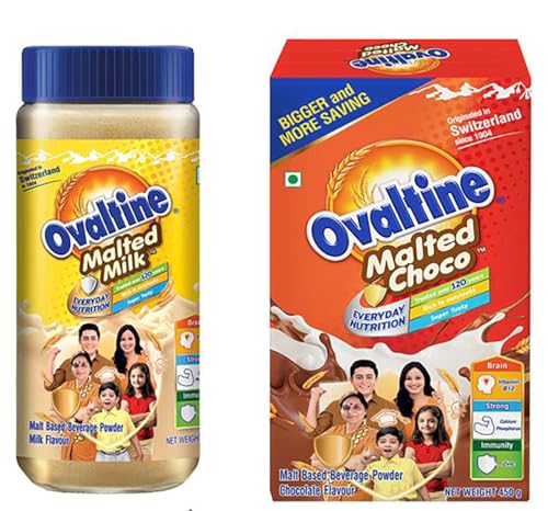 Image of OVALTINE Malted Health Drink Milk Powder, Health Choco Drink for Kids & Adults, Nutrition Vitamins & Minerals, Malted Milk 400g Jar + Malted Choco 450g BIB (Pack of 2)
