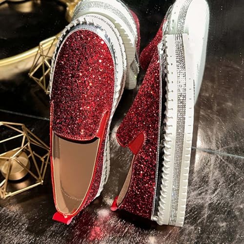 Women Rhinestone Platform Loafers,Cute Glitter Bling Fashion Slip-On Sparkle Bling Sequin Sneakers Summer 2025 Comfort Soft Hiking Flat Shoes for Going Out Walk3
