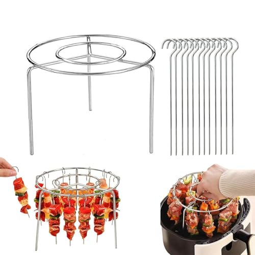 Air Fryer Grill Skewer Rack, Air Fryer Barbecue Grill Vertical Barbecue Kebab, 12/24/36 Vertical Meat Skewers with Round Hanging (12 Skewers+1 Storage Disk)