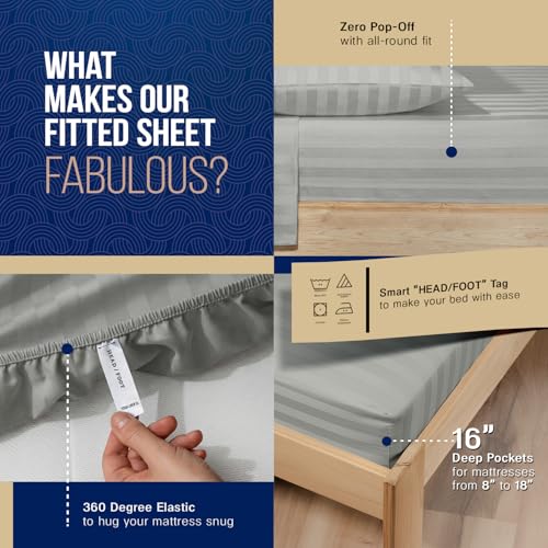 Image of TEXAS LINEN CO. 100% Egyptian Cotton Sheets Queen Size - Luxury 1000 Series Lonestar Lovin' Damask Bed Sheets Queen Size Set (4 PC, Silver Stripe), Cooling, 16 inch Deep Pocket, Sateen Weave Hotel Sheets
