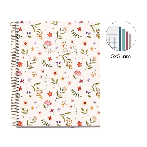 Miquelrius - Notebook A5 (148 x 210 mm), kariert 5 mm, 120 Blatt 70 g/m², Einband aus Pappe cremefarben, 4 farbige Streifen, Kupferspirale, Kollektion Spring Flowers, Blumen