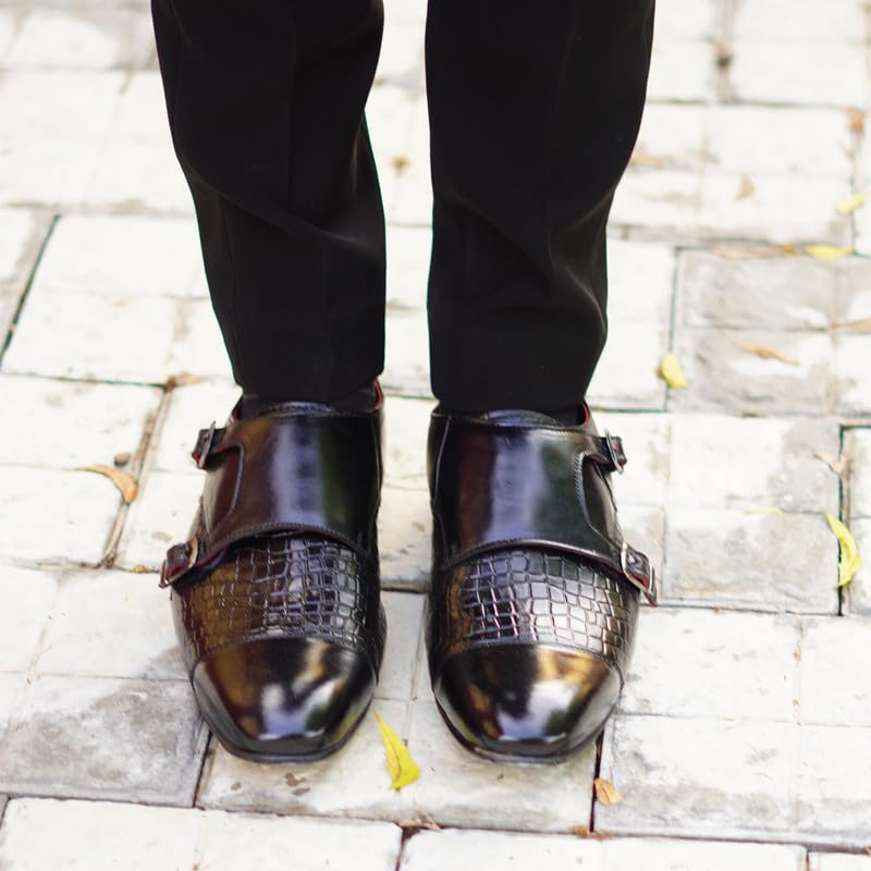 Image of MATR Strap Me Down Men's Blck Croc-Embossed Double Monk Strap Leather Shoes