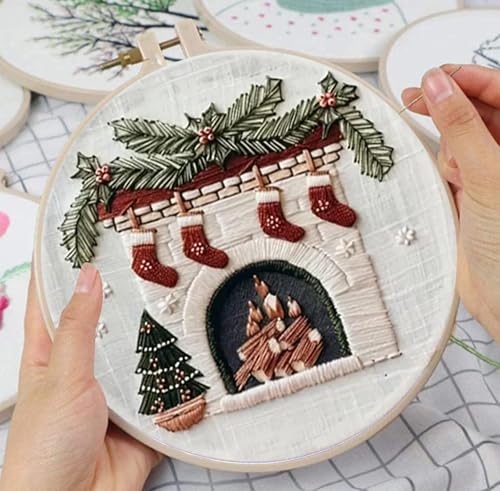 Image of Huacan Embroidery Kits for Adults Beginner DIY Cross Stitch Stamped Christmas Pattern Stitching Fireplace Sewing Kit 1 Piece 7.8 x 7.8 Inch