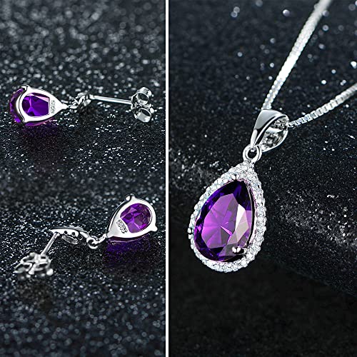 Jiangxin Waterdrop Purple Amethyst Birthstone 925 Sterling Silver White Gold Plated Fine Jewelry Set For Women Pendant Necklace Stud Earring #TOP1