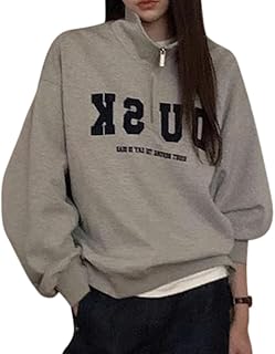 [PHOLEEY] レディース スウェット トレーナー 長袖 ハーフジップ ゆったり 体型カバー カジュアル 韓国ファッション 英字 パーカー 裏起毛 秋冬