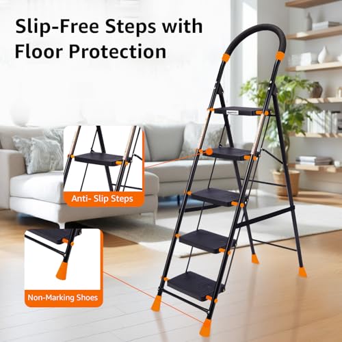 Image of Amazon Basics Curvo - Foldable Step Ladder, Ribbed Steps, Knee Guard, Non-Marring PVC Shoes, 5 Steps (Black & Orange)