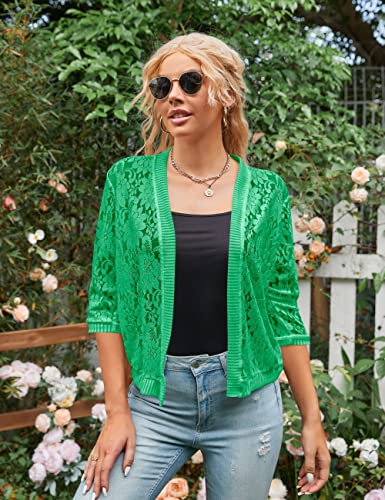 Image of Xunger Women's 3 /4 Sleeve Lace Cardigan Casual Open Front Floral Lace Shrug Summer Cover Up