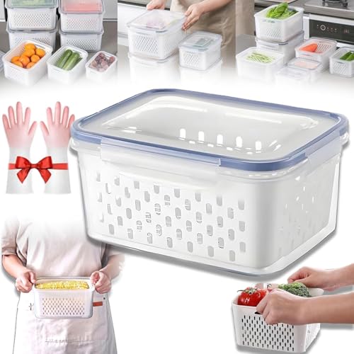 4 in 1 Food Storage Container with Removable Colander & Lid, Stackable Fridge Organizer Bin for Produce, Fruit, Vegetables, Salad, Berry, Lettuce & Meat (Blue, Large 9.25in*6.69in*4.53inin)