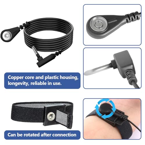 Image of Grounding Wristband & Cable - ESD Wrist Strap Kits Compatible with TENS EMS Units, Wrist Circumference 7 inch, 15 Feet Length Cable (Black)