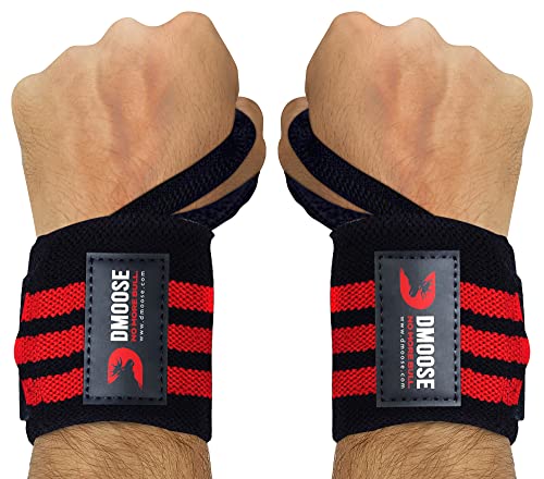 DMoose Lifting Wrist Wraps 12 and 18 Inches Thumb Loops with Wrist Support for Workouts Powerlifting Wrist Straps for Weight Lifting Red Stripes I