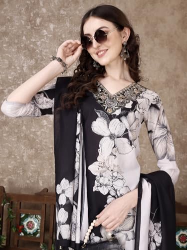 Image of Berrylicious Black & White Embridered & Floral Printed Kurta with Pant & Dupatta Set | Ethnic Wear | 3 /4 Sleeves