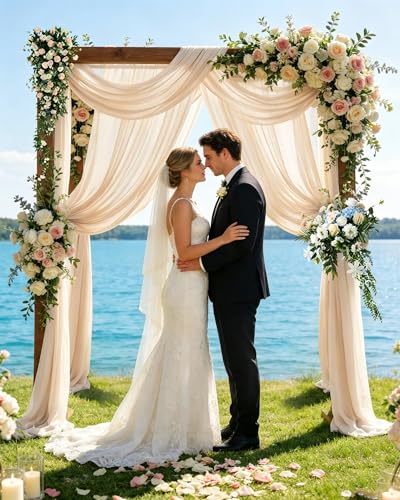 ugaxhome 2 Stück 75x600cm Hochzeit Vorhang Chiffon-Stoff Hochzeitsbogen Traubogen Vorhang Querbehang Hochzeits Hintergrund Volant Vorhäng Hängender Effekt für Hochzeit Fotografie (Champagner)