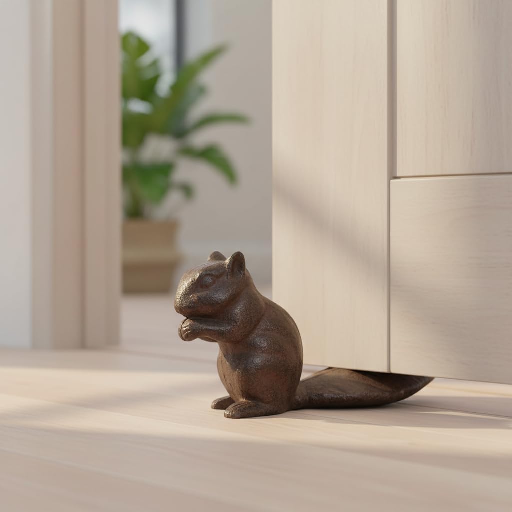 Comfy Hour Heavy Duty Cast Iron Squirrel Door Stopper, Decorative Rustic Animal Door Stop for Bottom of Door, Vintage Brown Door Wedge for Home Office Garden, Lodge Style Cabin Decor