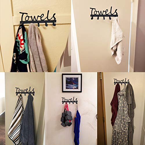 Towel Racks 5 Hooks Black Sandblasted Robe Hooks Wall Mount Towel Holder Black Metal Towel Racks Rustproof and Waterproof for Kitchen Storage Organizer Rack, Bathroom Towels, Robes, Clothing