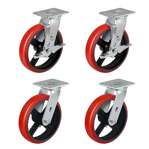 HANDSAMMU 8 Inch industrail Casters Set of 4, Heavy Duty -6000lbs Capacity, Polyurethane tread on Cast lron-Roller Bearing, Top Plate 4