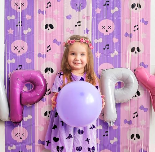 Image of Bupelo Kawaii Birthday Decorations, 2 Pack Purple and Light Pink Birthday Party Supplies 3.3 x 6.6ft Tinsel Foil Fringe Curtains Photo Booth Props Backdrop Streamers, Dark Cute House Room Decor