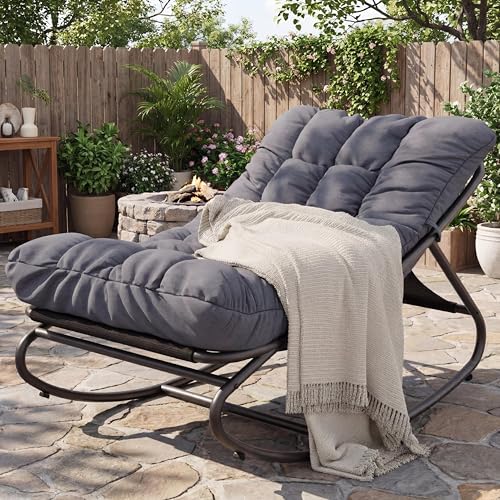 GarveeTech Outdoor Papasan Rocking Chair, Oversized Egg Rocker with Adjustable Swing & Waterproof Cushion, 450 lbs Capacity Metal Frame for Patio, Por