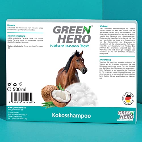 Green Hero Kokosshampoo voor paarden, verzorgt intensief bont, staart en manen, 500 ml paardenshampoo met natuurlijke kokosolie, shampoo voor alle soorten vacht - zonder siliconen, parabenen en microplastic - Afbeelding 7