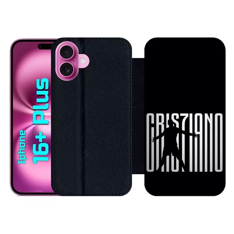 Etui ronaldo iphone 16+ cadeau ideal football cristiano protection simili-cuir noir