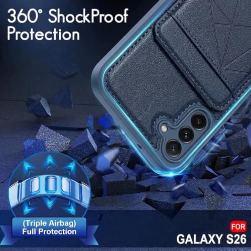 Image of amazon basics Premium Vegan Leather Back Cover with Card Holder and Integrated Mobile Stand for Samsung Galaxy S26 5G - Slim Shockproof Wallet Case with Geometric Stitching [Blue]