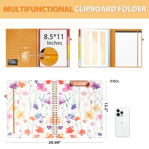Image of Ospelelf Clipboard with Storage for Women, Leather Padfolio Portfolio Organizer 5 Folders with 10 Pockets, Spiral Clipboard Folio with Notepad for Letter Size, Elastic Closure and Pen Loop Flowers