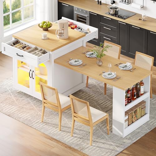 Sapgaks Table à Manger Extensible avec LED et 2 Tiroirs, Îlot de Cuisine avec Rangement et étagères Réglables, Buffet avec Portes en Verre, Table de Bar...
