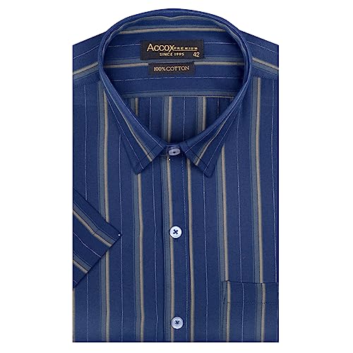 Image of ACCOX Men's Cotton Half Sleeves Dark Striped Regular Fit Formal Shirt for Men