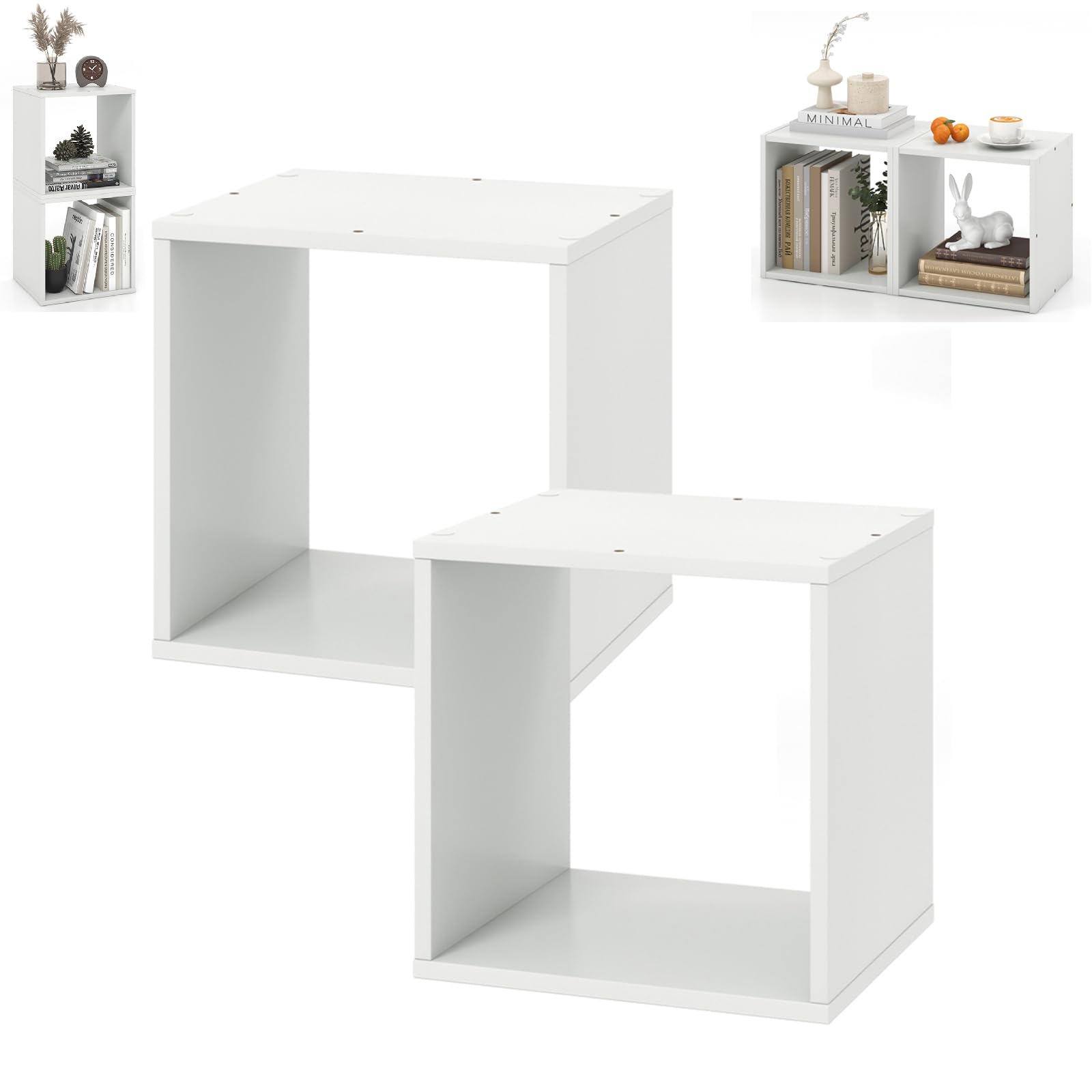 COSTWAY Cube Bookcase Set of 2/3, Stackable Bookshelf Storage Organizer, Display Shelf Open Rack Shelving Unit for Living Room, Bedroom and Office (2, White)
