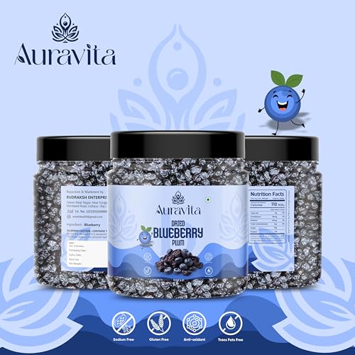Image of Auravita Premium Dried Blueberry Plum 250gm | Whole & Naturally Sweet | Ideal for Baking, Toppings & Snacking Jar Pack Of 1