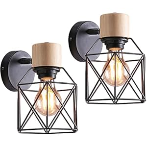 iDEGU Lot de 2 Appliques Murales Industrielles Design Cage en Métal Lampe Murale Bois Décoration Ajustable Vintage Luminaire Interieur pour Chambre Couloir Salon, 15CM (Noir)