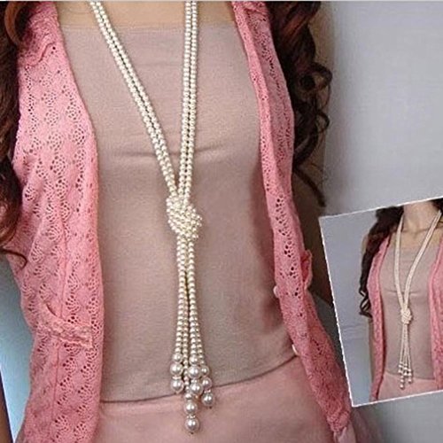 Quaanti 2018 124cm Long Knotted Pearl Necklace Women Fashion Chain Girl Women Lady Jewelry Gifts (Silver)
