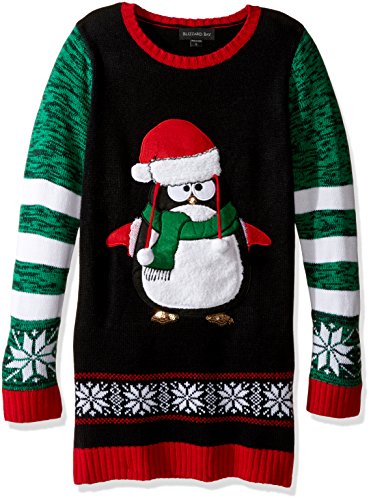 Blizzard Bay Little Girls Ugly Chrismas Sweater Tunic, Black Combo/Penguin, L