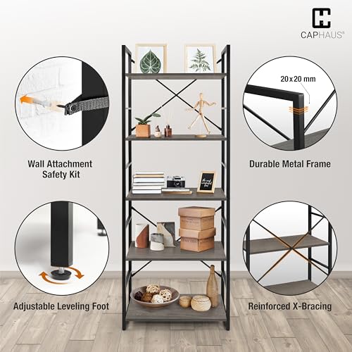 Image of CAPHAUS 5 Tier Bookshelf, 24 Inch Width Free Standing Shelf, Bookcase Shelf Storage Organizer, Industrial Book Shelves for Home Office, Living Room, Kitchen, Dark Grey Vintage Shelves & Metal Frame