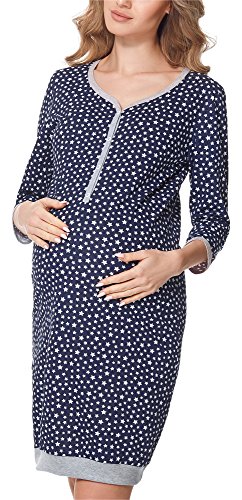 Bellivalini Premamá Camisón Vestido Lactancia Maternidad Mujer BLV50-112 (Azul Oscuro/Estrellas/Melange, XXL)