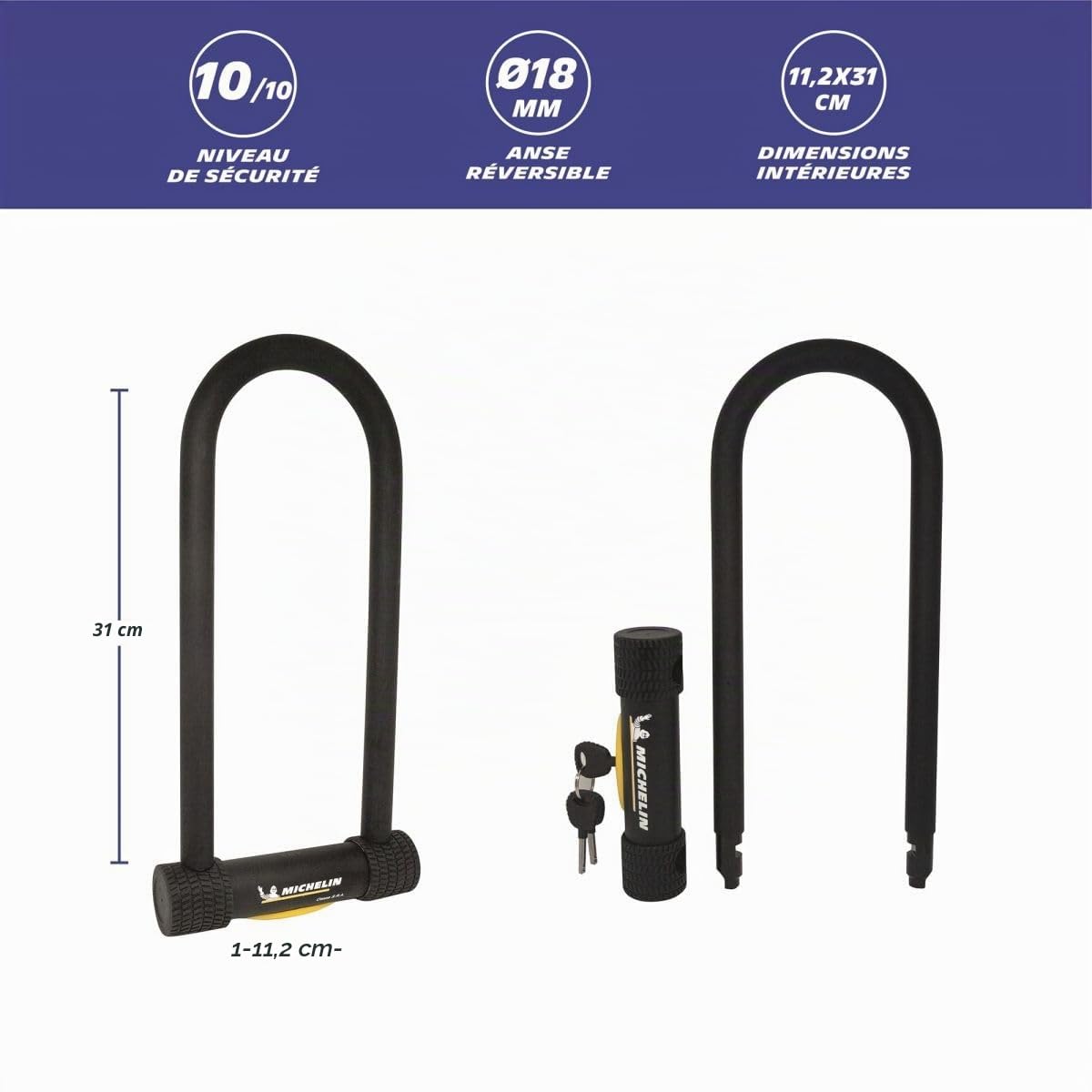 MICHELIN - Antivol U SRA 112x310 mm Ø18 mm - Sécurité 10/10 - Certifié SRA et Art - Acier trempé - Serrure à cylindres 7 disques - 3 clés fournies - Garantie 10 Ans