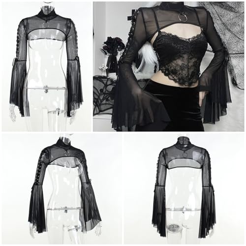 Image of Women Gothic Crop Top Shirt Y2K Black Bell Sleeve Shawl Cardigan