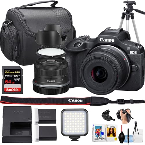 Canon EOS R100 Mirrorless Camera w/18-45mm Lens + Sandisk 64GB Extreme Memory Card + Camera Case + More (16pc Bundle) (Renewed)