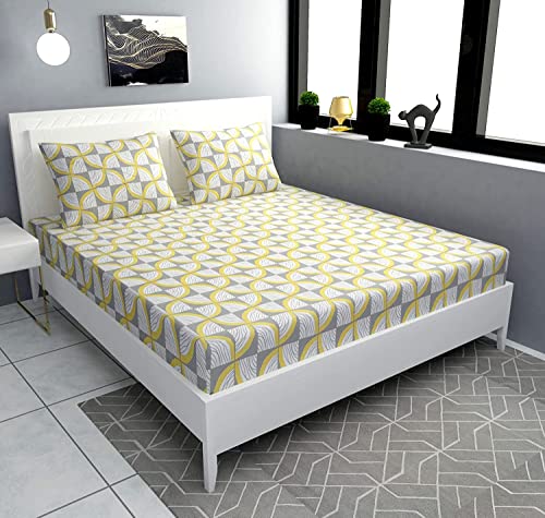 Image of Cotton Feel Glace Cotton Elastic 300 TC Printed Fitted Bedsheet Queen Size Double Bed with 2 Pillow Covers (60 inch x 78 inch inches (Queen Size), Yellow Slice)