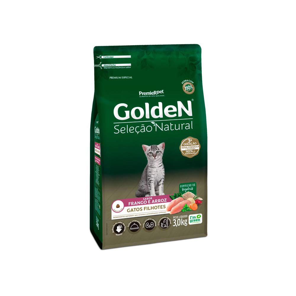 Premier Pet Ração Golden Seleção Natural para Gatos Filhotes Sabor Frango e Arroz, 3kg