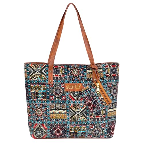 Image of Storite Women's Tote Bag With Leather Handles & Embroidery Printed Handbag With Zip Pockets, Shoulder Tote Bag And Handbag For Office And College (40X32X7.5Cm)