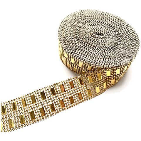 4CM x 10 Yard Acrylic Rhinestone Diamond Ribbon Mesh Wrap Roll Rhinestone Ribbon for Wedding Cakes Birthday Decorations,Baby Shower,DIY Craft Projects-Gold Cover