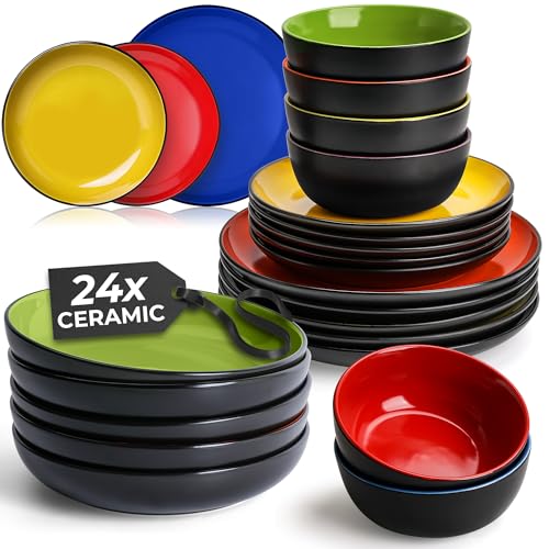 MIAMIO – Geschirrset 6 Personen/Steingut Geschirr Set 24-teilig, Tafelservice Steingut mit Tellern, Schüsseln, Tassen, und Suppentellern - Le Papillon Kollektion (Bunt,24 Teile Set)
